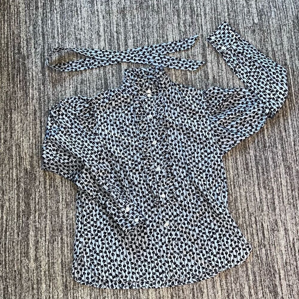 VTG Evan Picone Womens Blouse Sz 10 Blue Puff LS Ruffle Bust Leaf Print Career